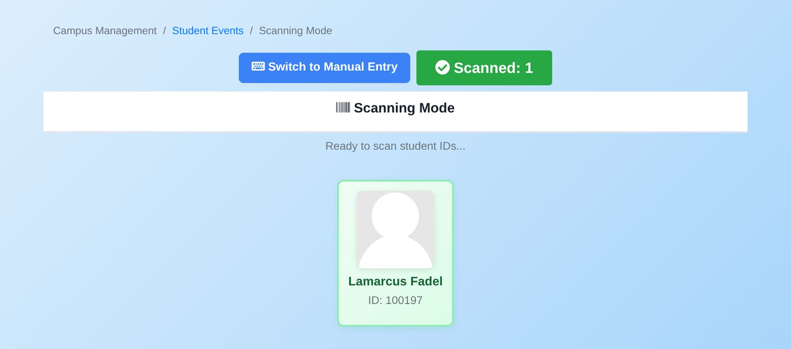 EduQueue scanning mode after one scan: a Scanned: 1 counter, the Ready to scan student IDs prompt, and a green card with the student's name and ID number.